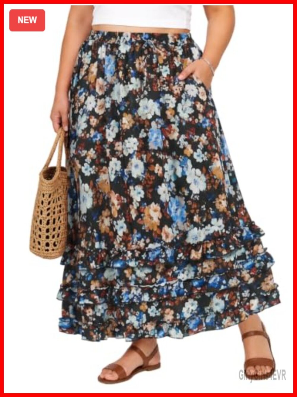 Plus Size Floral Maxi Skirt with Pockets Tiered Ruffle Hem Women